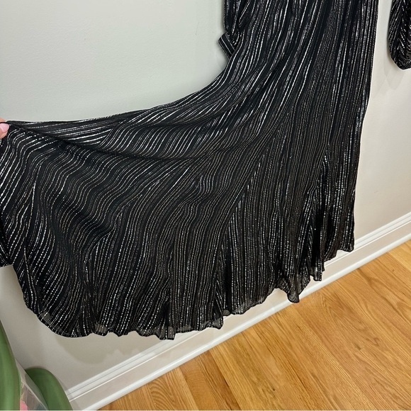 Zara Metallic Stripe Dress Black Silver Notch Collar Beaded Trim - Picture 8 of 11